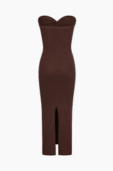Ribbed Twist Front Strapless Midi Dress
